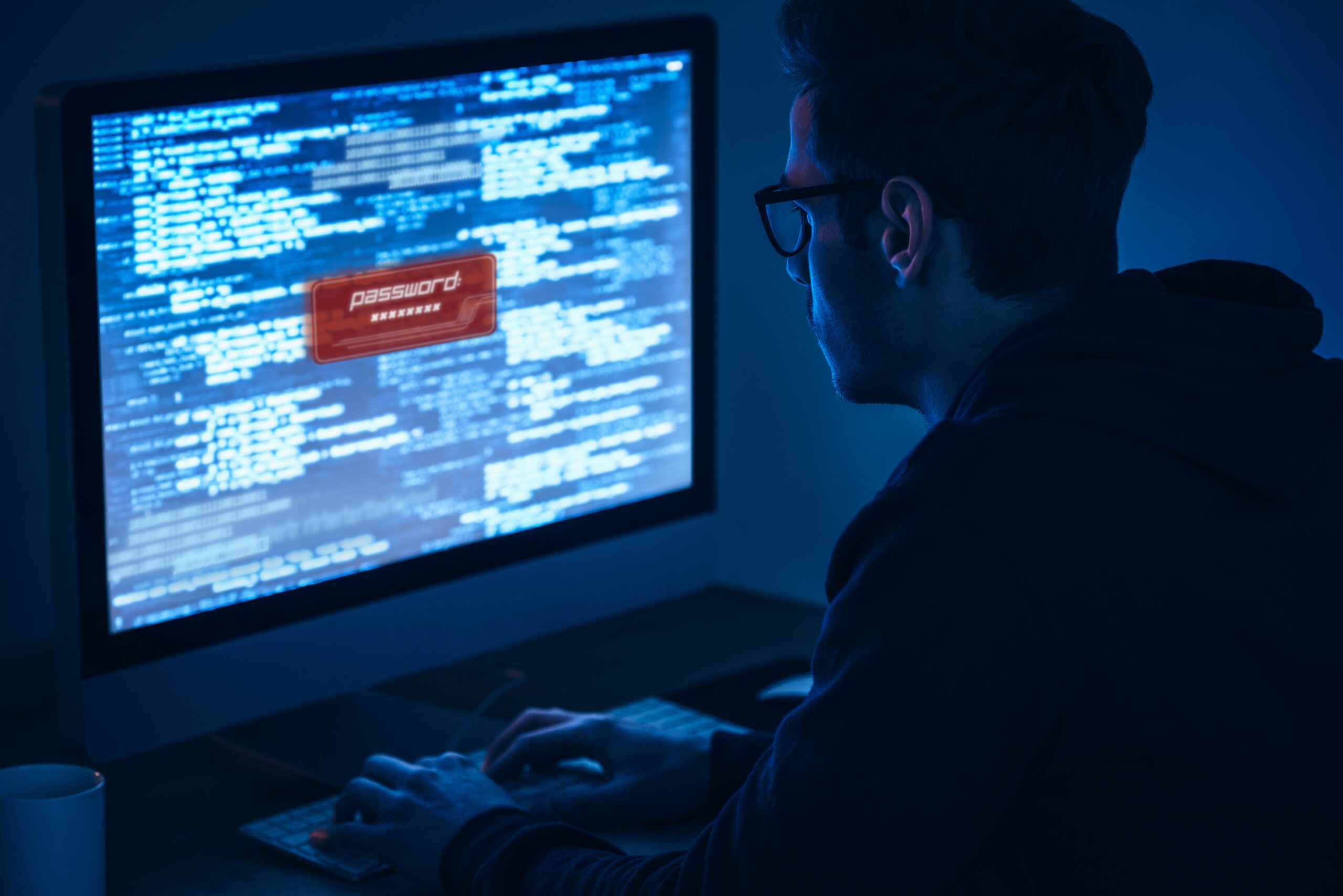 Computer security concept with encrypted password data on screen