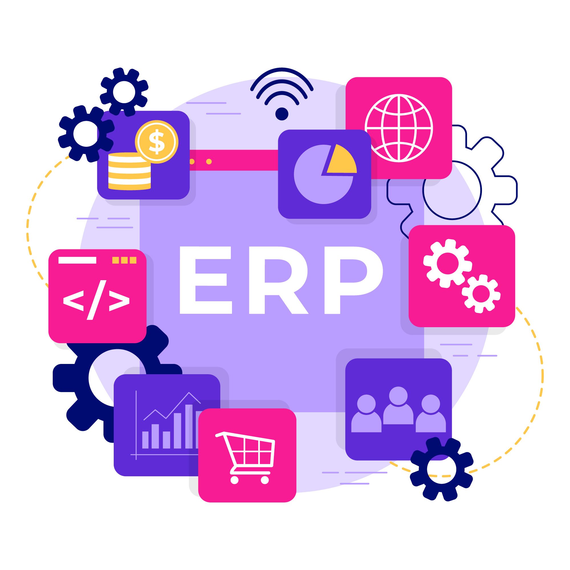 Illustration of ERP system icons including finance, analytics and logistics