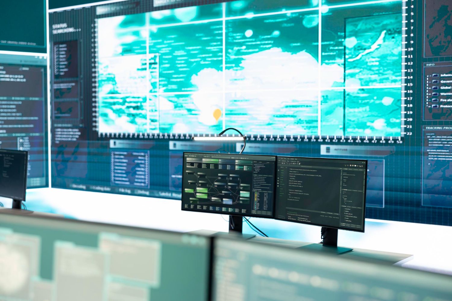 Control room with multiple monitors for cloud infrastructure monitoring
