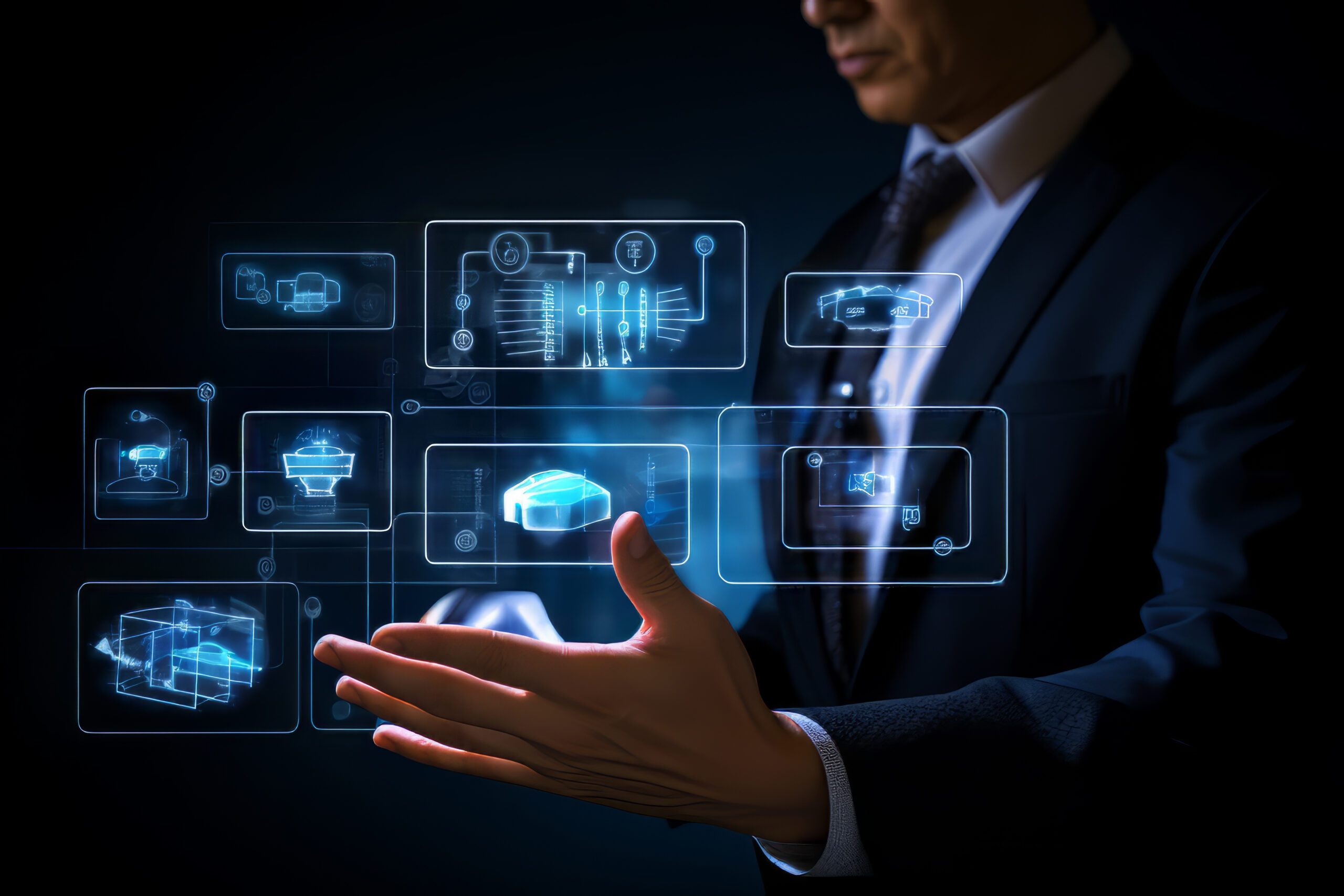 Geleceğin bulut teknolojisiyle etkileşime giren iş insanı — hybrid cloud analytics konsepti.