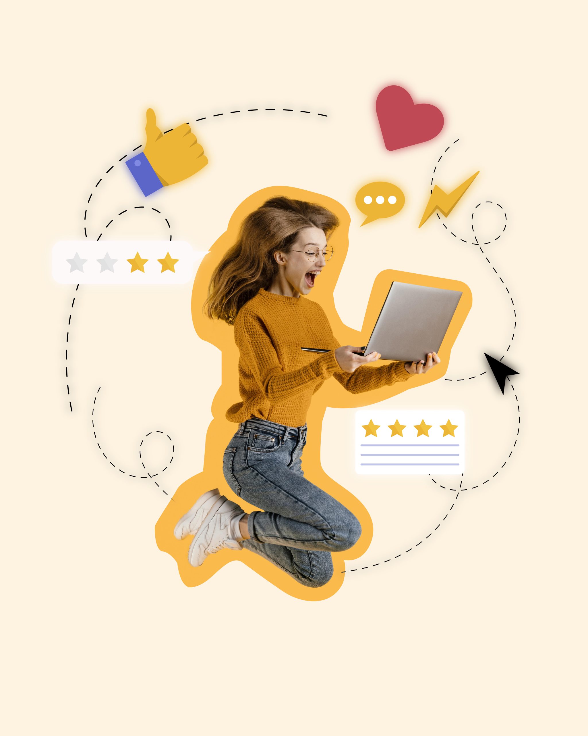 Content marketing strategy — woman with laptop and engagement icons