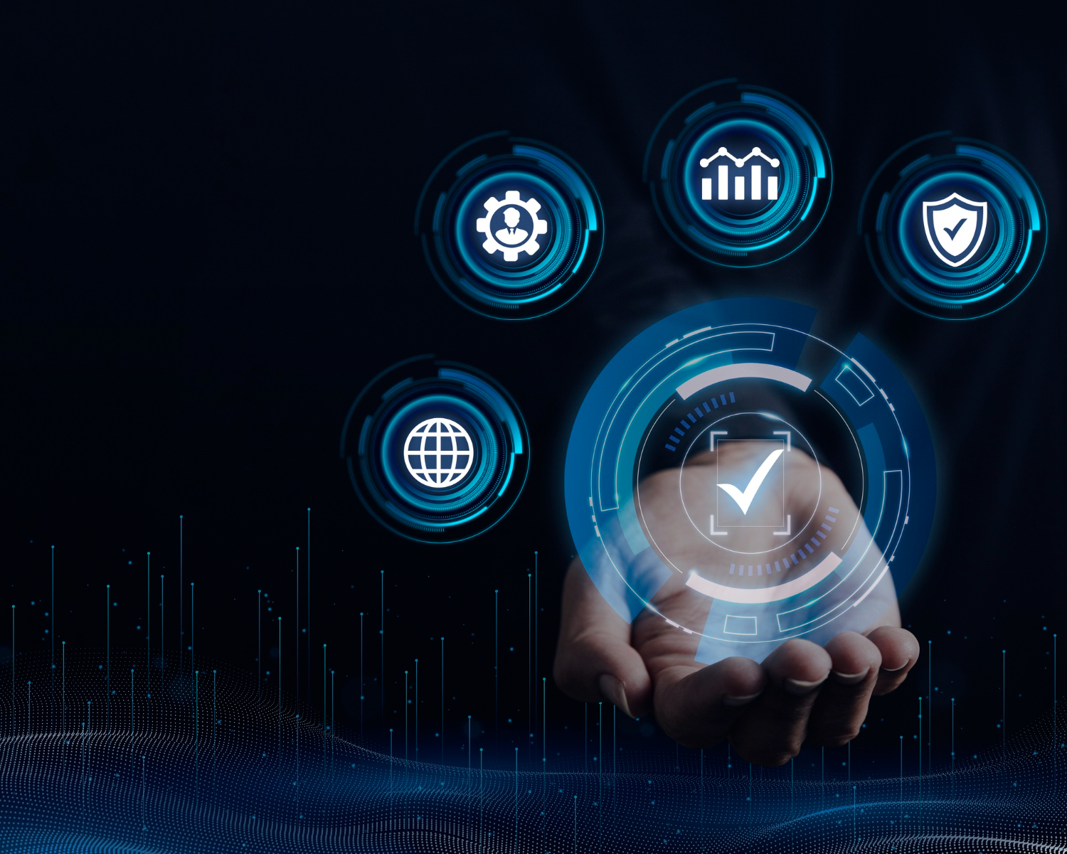 Hand interacting with a digital security and compliance interface