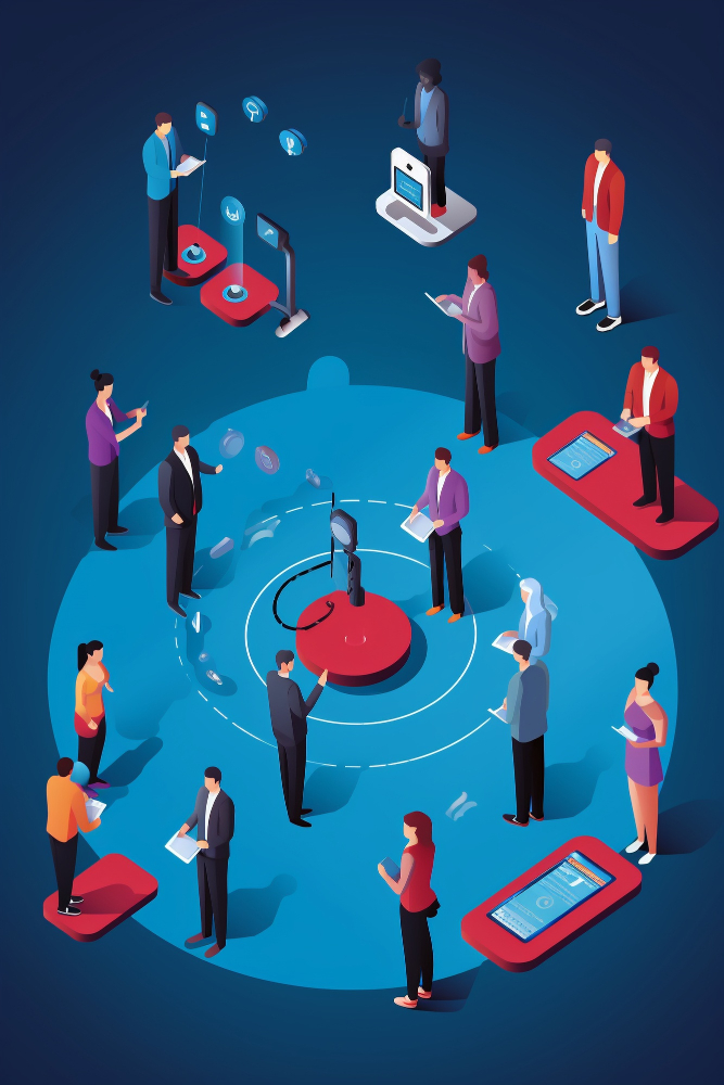 Illustration of a team collaborating around a central hub