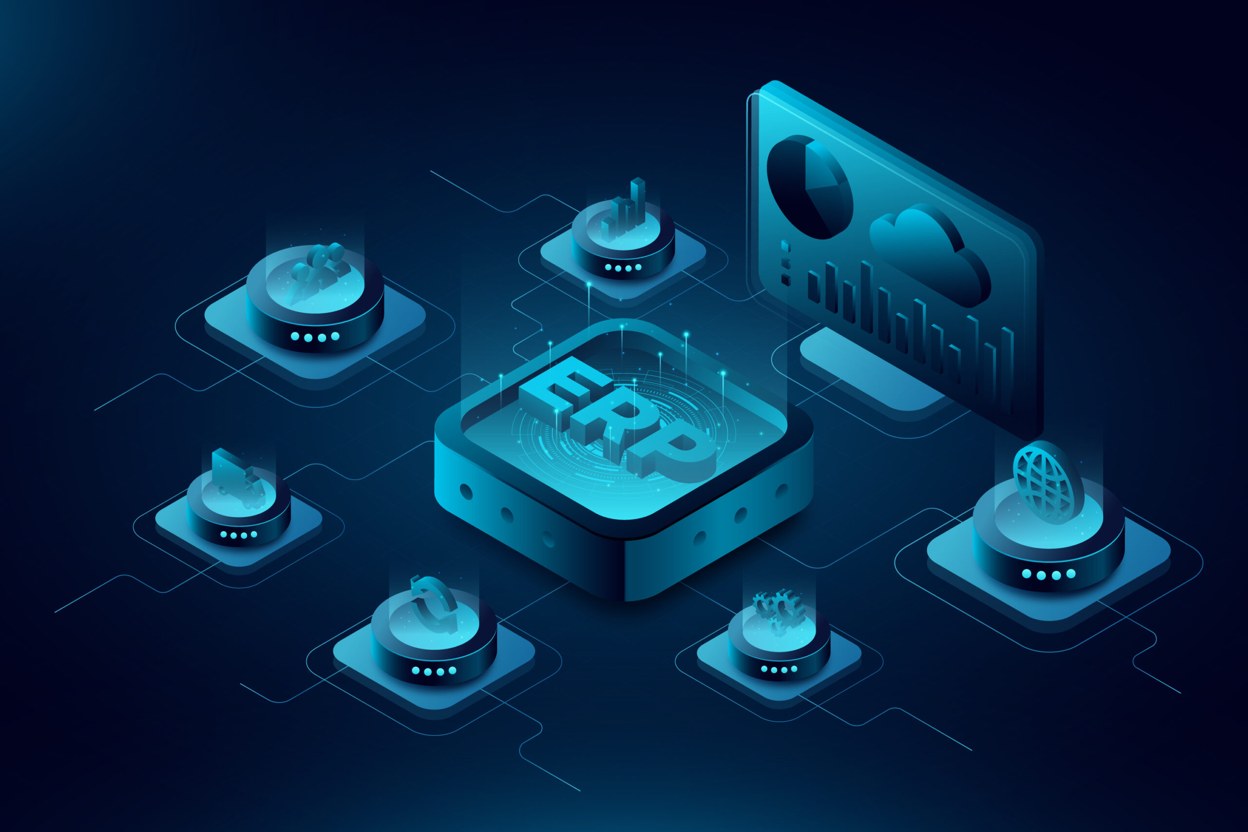 Illustration of an integrated ERP system connecting business modules