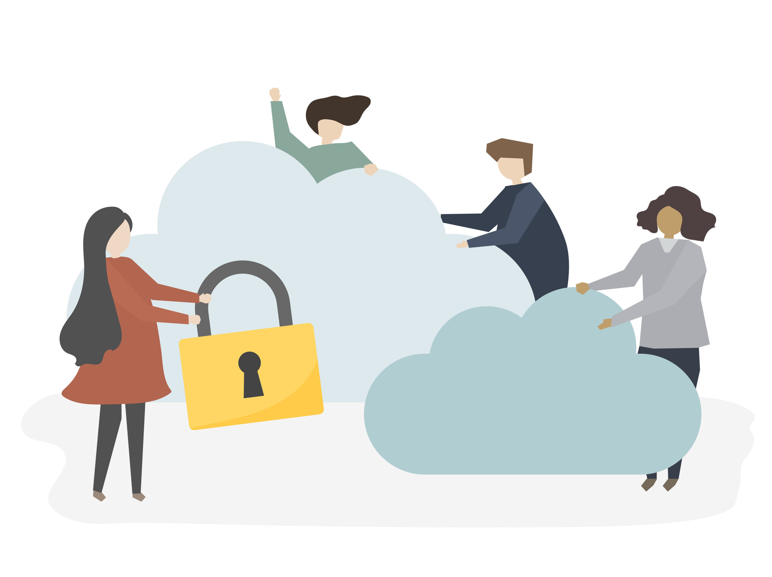 Illustration of people securing cloud data with a padlock
