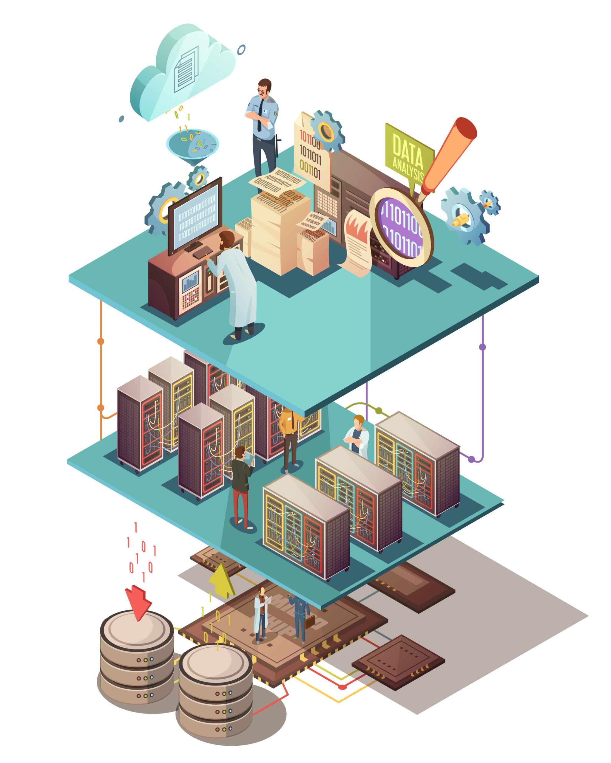 Datenanalyse isometrischen Konzept mit elektronischen Geräten Informationsaustausch Server-Infrastruktur Cloud-Dienste und Personal Vektor-Illustration