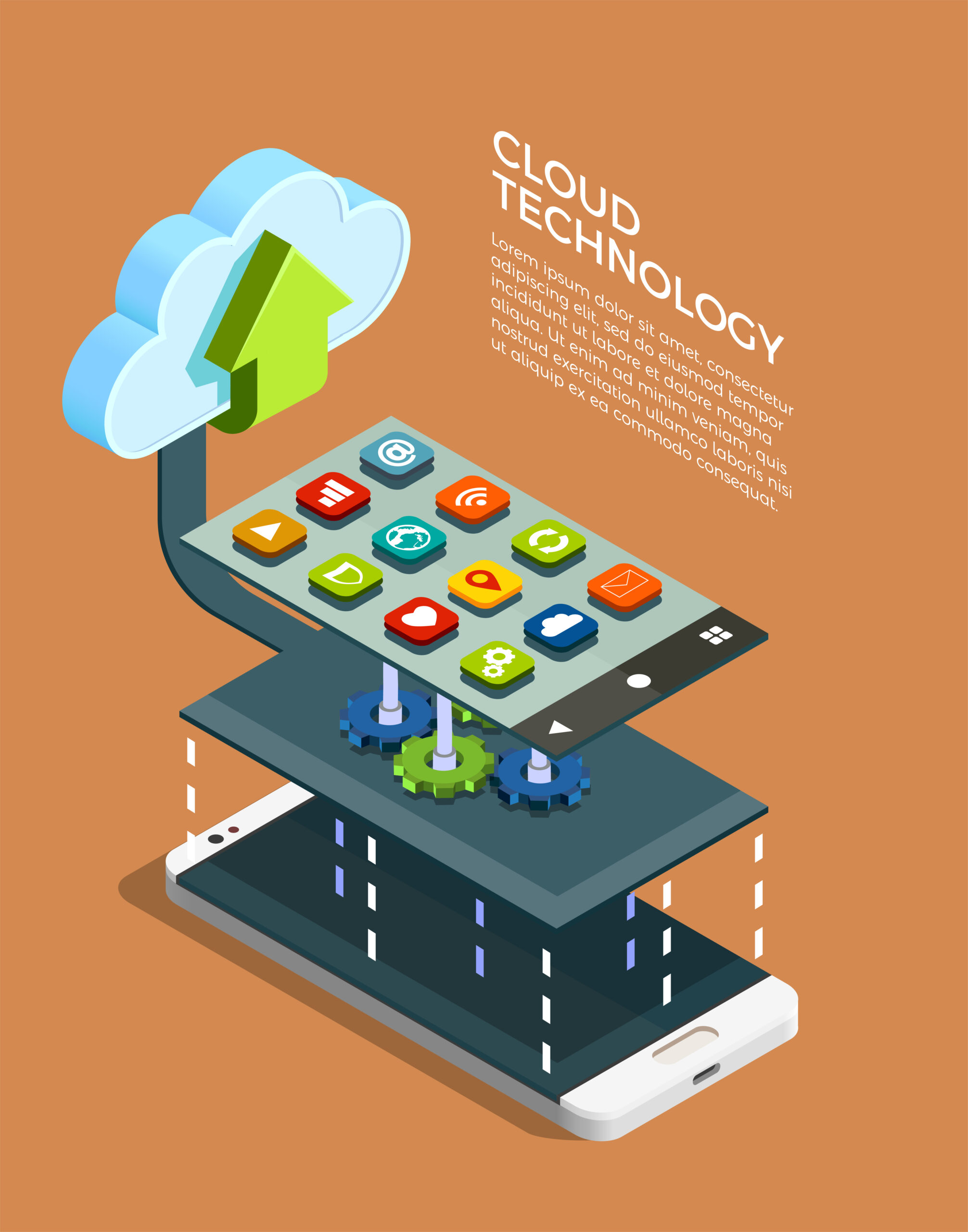 Cloud-Computing-Technologie Netzwerk-Konfiguration von Tablet und Smartphones mit Apps Symbole isometrische infografische Elemente Poster Vektor-Illustration