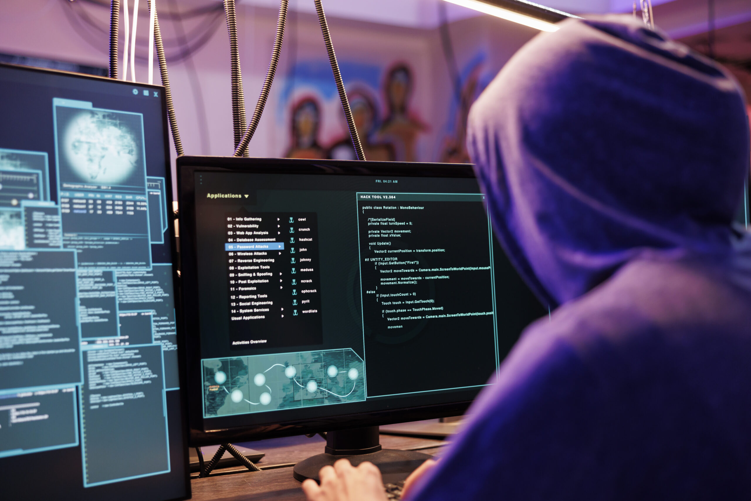 Hacker in hood running illegal malware on computer screen with multiple windows. Criminal launching malicious software and coding ransomware in abandoned warehouse at night