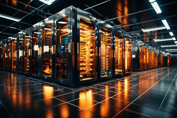 Futuristisches Computernetzwerk ermöglicht globale Kommunikation in einer modernen, von KI generierten Fabrik Futuristisches Computernetzwerk, das die globale Kommunikation innerhalb einer modernen Fabrik antreibt, erzeugt durch KI.