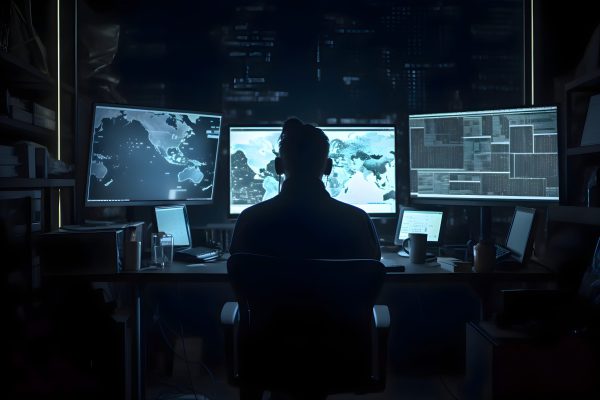 Silhouette of a hacker in a dark room with computers and screens