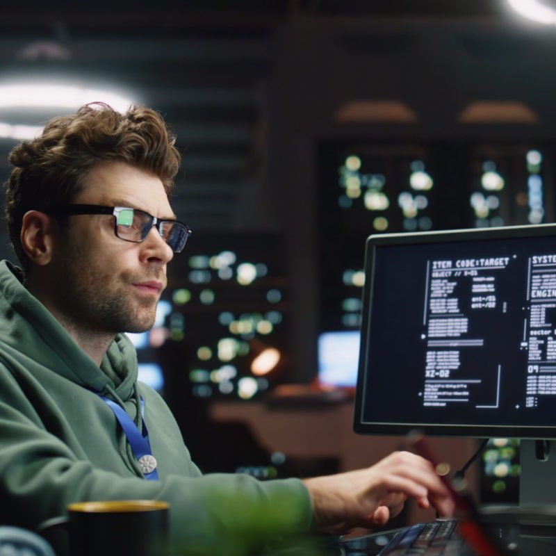 Software engineer looking monitors in advanced monitoring office closeup. Professional data center analyst typing keyboard working at computer. IT engineer in glasses monitoring data at server room